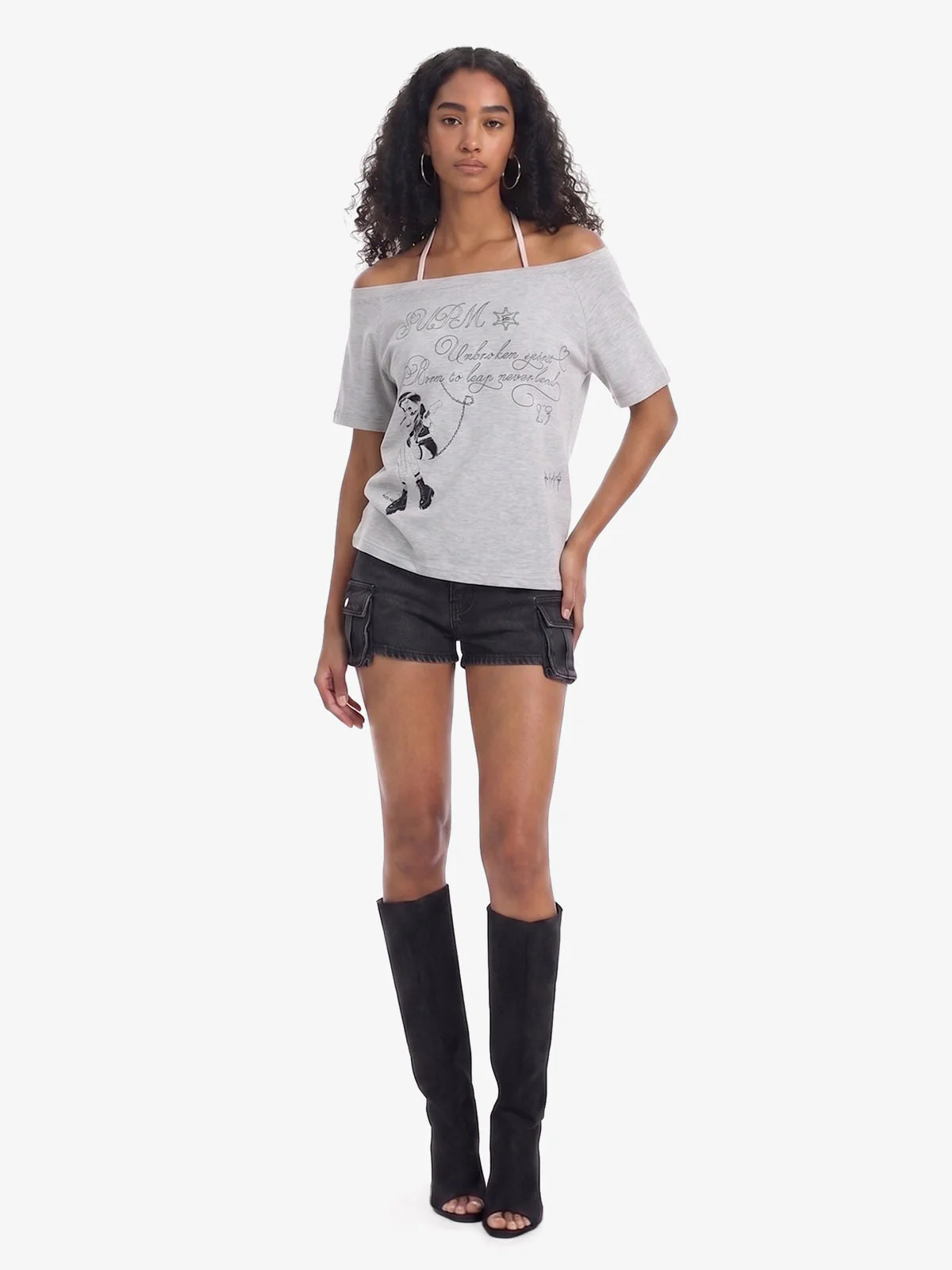 Off Shoulder Guitar Girl Graphic Cropped T-Shirt - Image 6