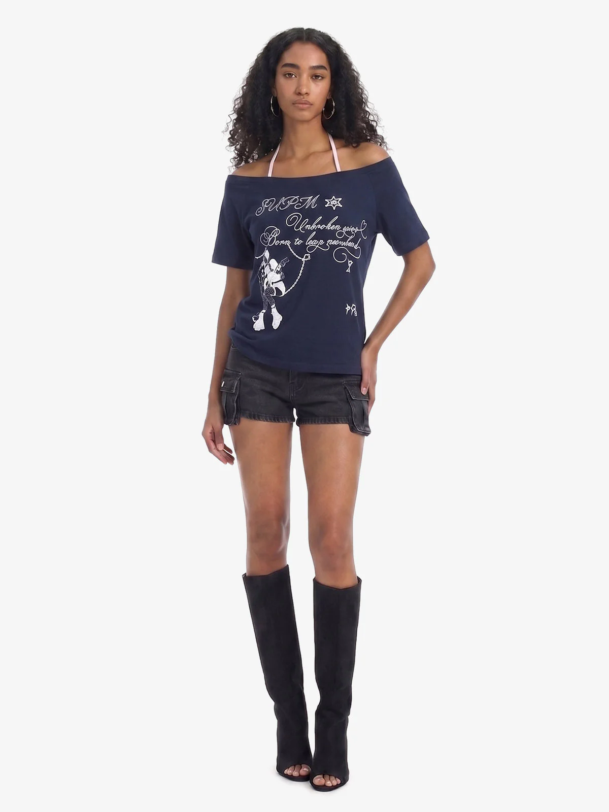 Off Shoulder Guitar Girl Graphic Cropped T-Shirt - Image 7