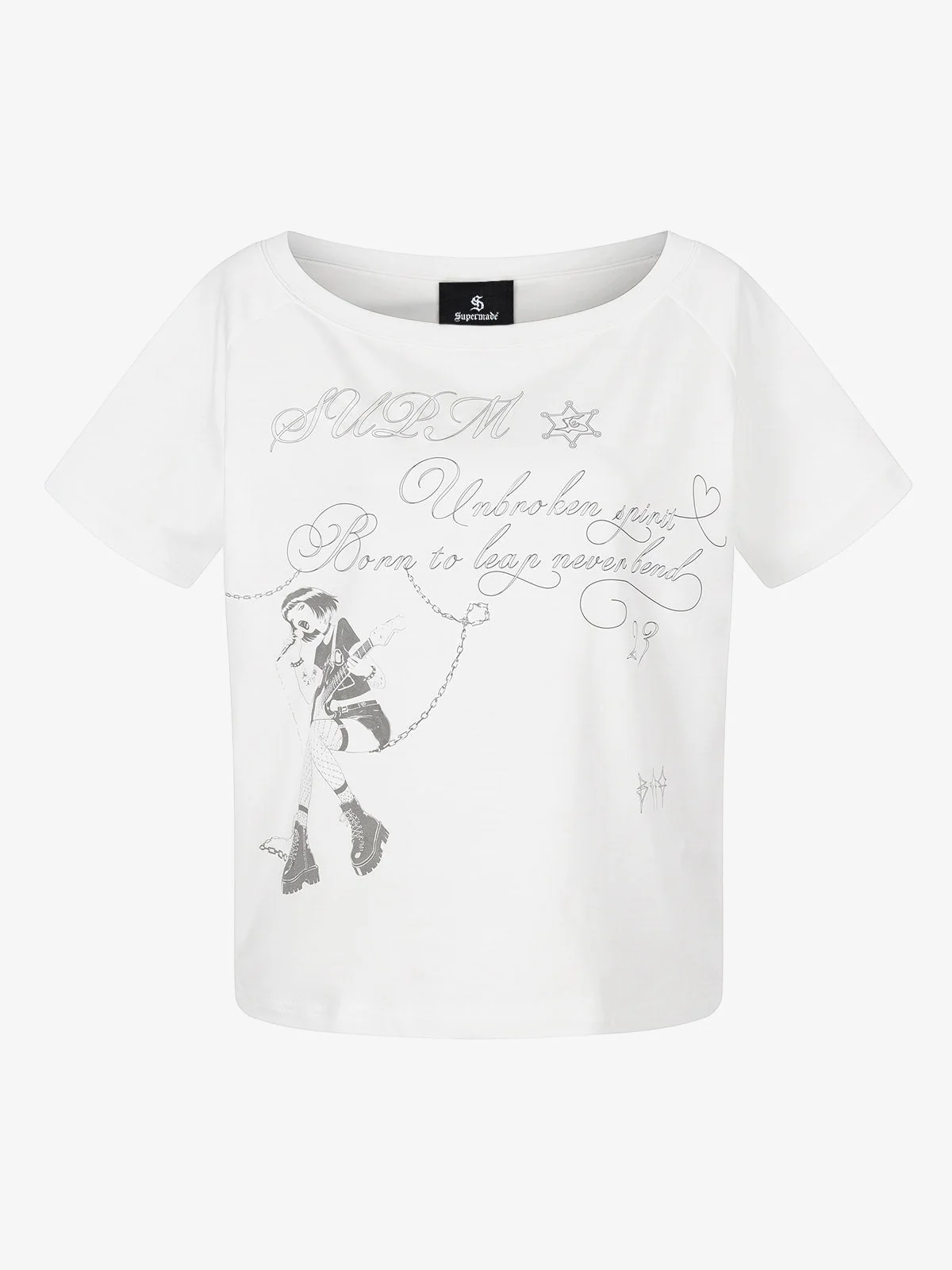 Off Shoulder Guitar Girl Graphic Cropped T-Shirt - Image 8