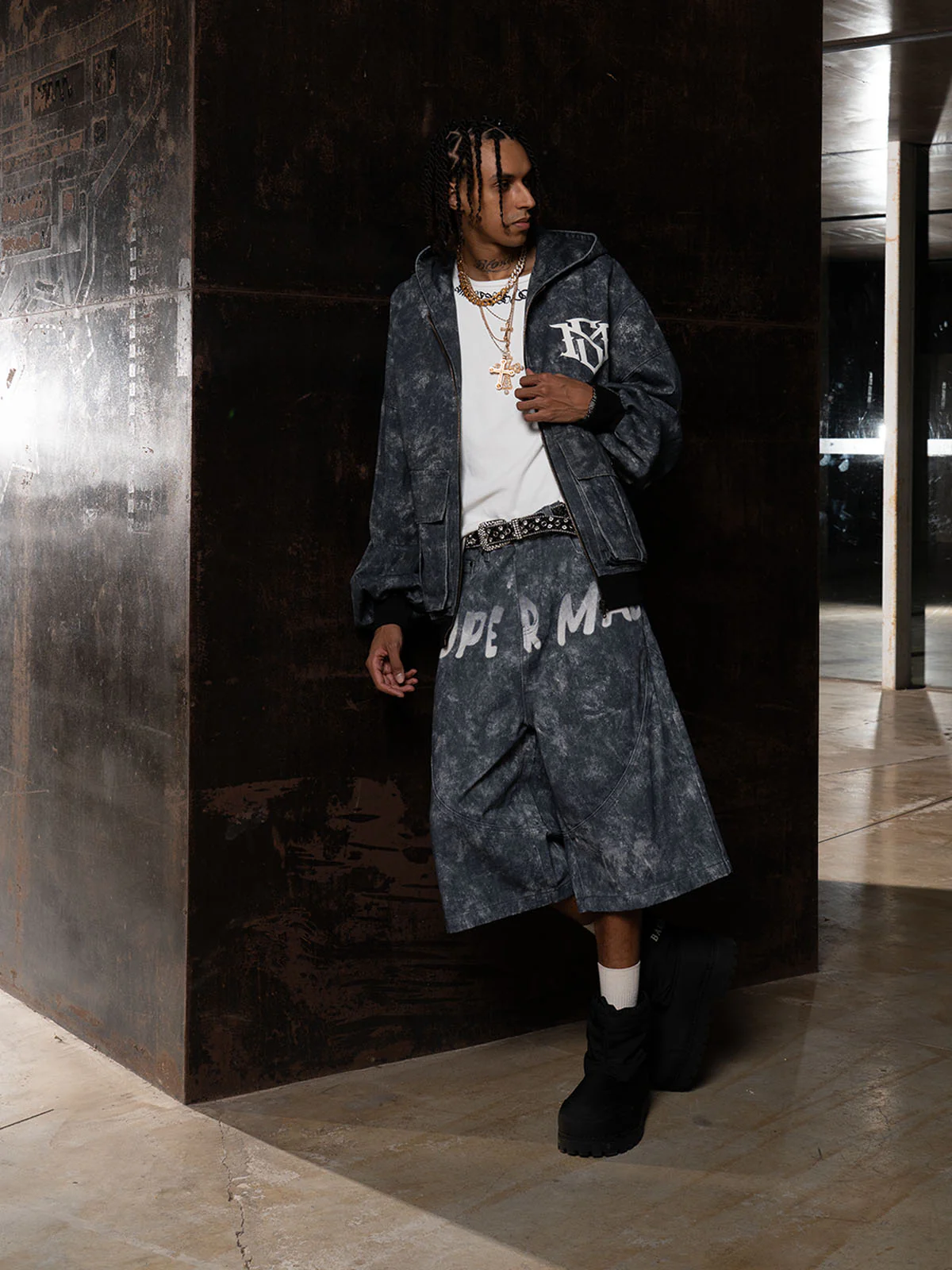 Original Oversized Denim Hoodie And Shorts Set - 2583 - Image 4