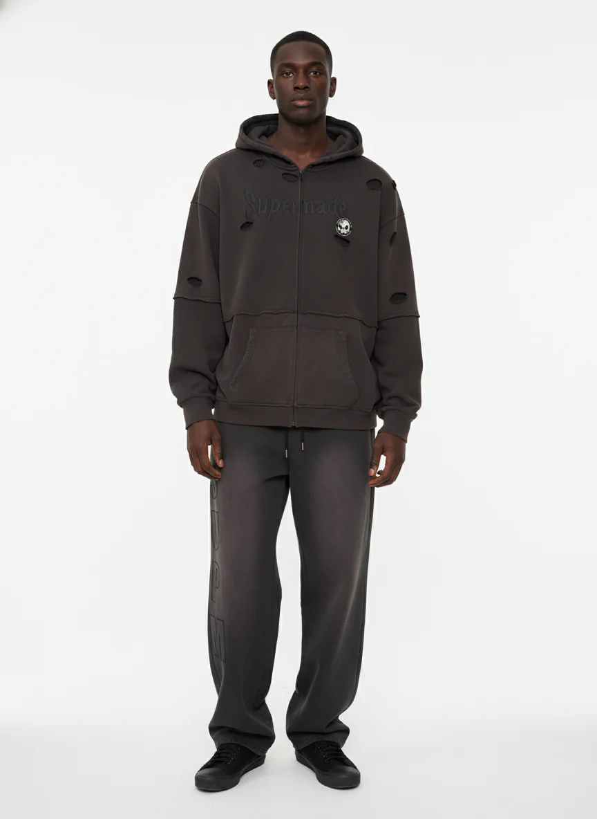 Original Washed & Ripped Skull Cardigan Cotton Hoodie Set - Image 3