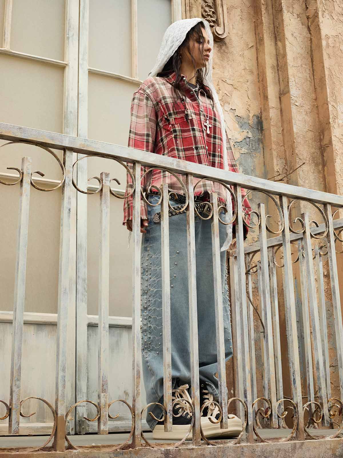 Paint Splatter Plaid Frayed Hem Button Up Shirt - Image 14