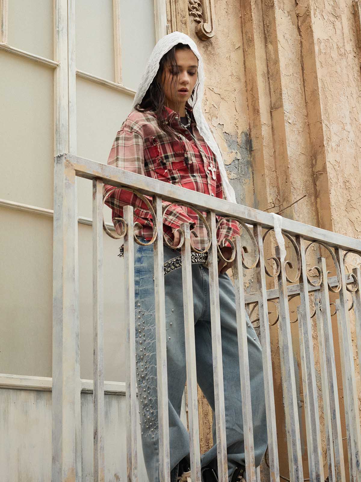 Paint Splatter Plaid Frayed Hem Button Up Shirt - Image 15