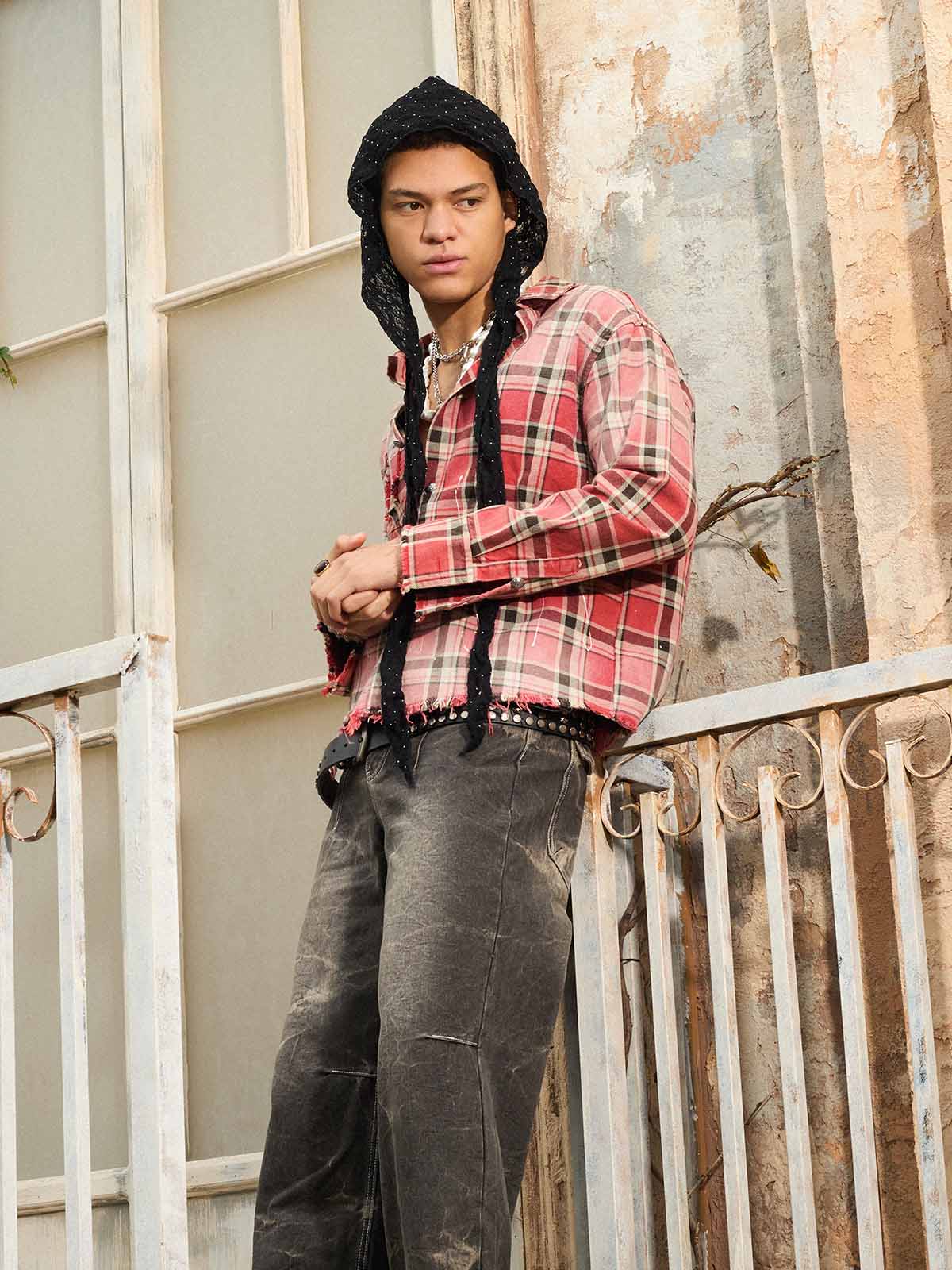 Paint Splatter Plaid Frayed Hem Button Up Shirt - Image 22