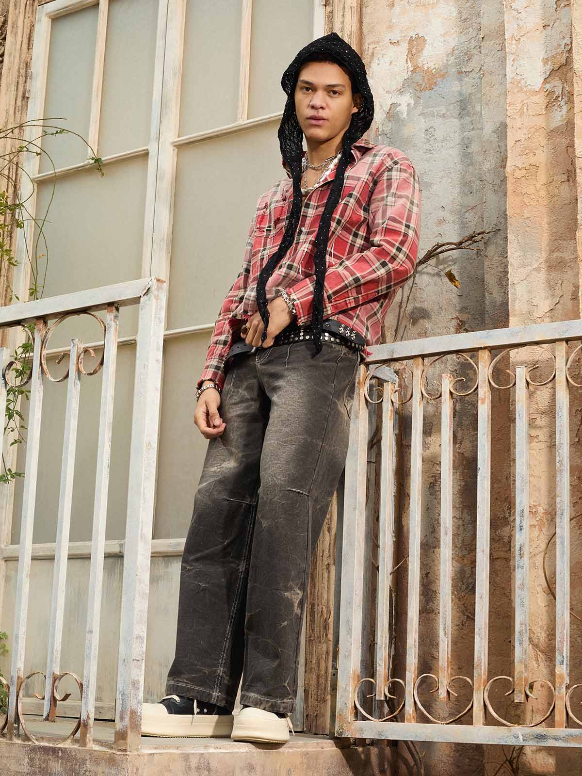Paint Splatter Plaid Frayed Hem Button Up Shirt - Image 24