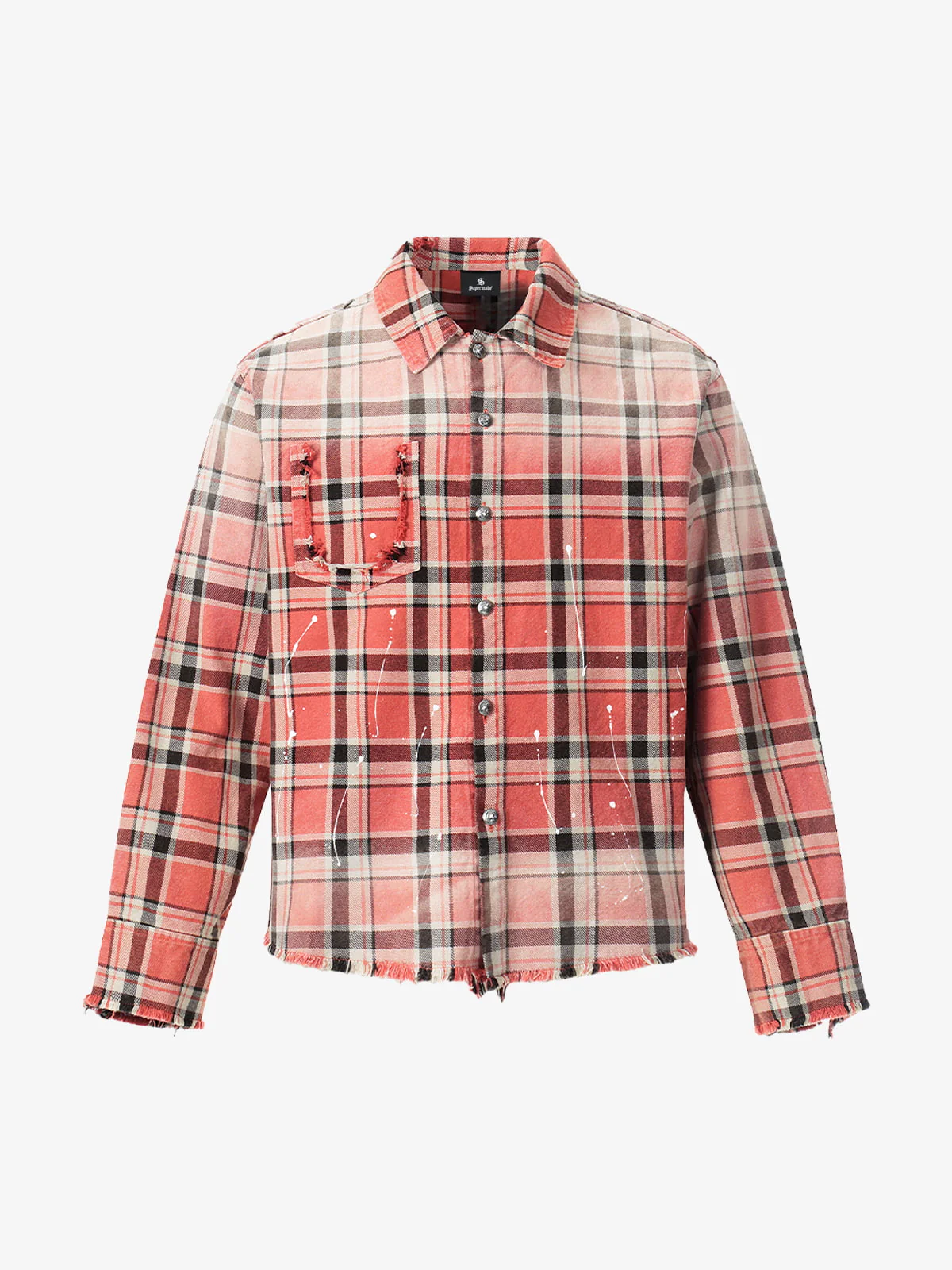 Paint Splatter Plaid Frayed Hem Button Up Shirt - Image 4
