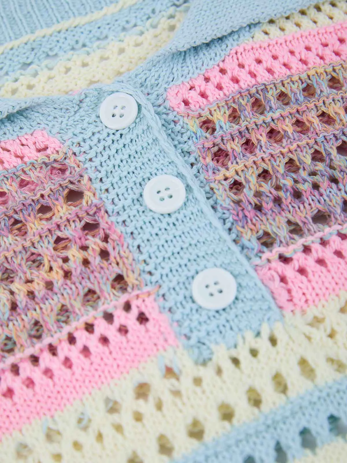Pastel Striped Crochet Knit Short Sleeve Polo Shirt - Image 10