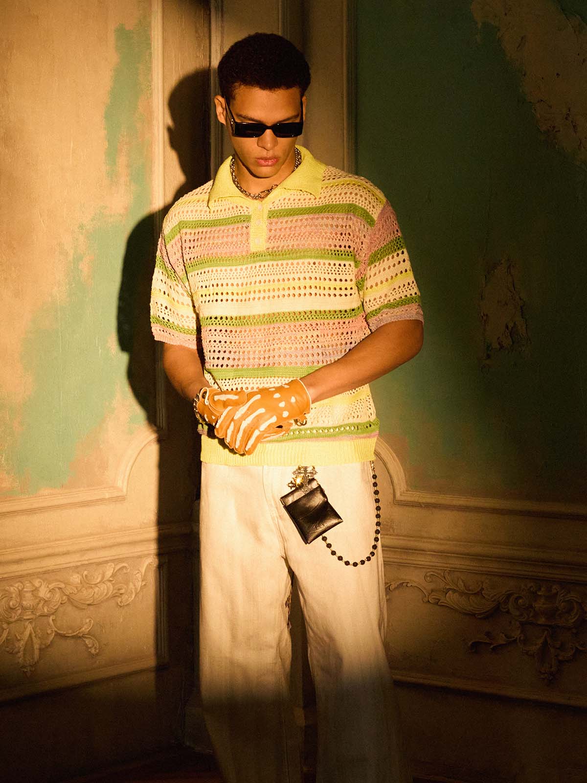 Pastel Striped Crochet Knit Short Sleeve Polo Shirt - Image 3