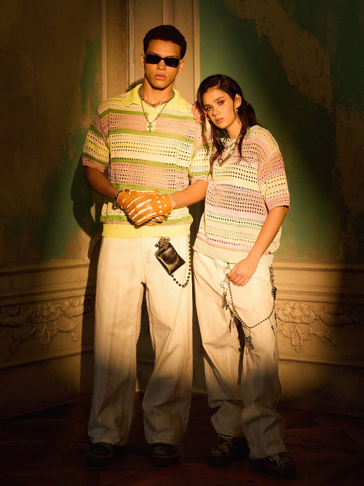 Pastel Striped Crochet Knit Short Sleeve Polo Shirt - Image 4