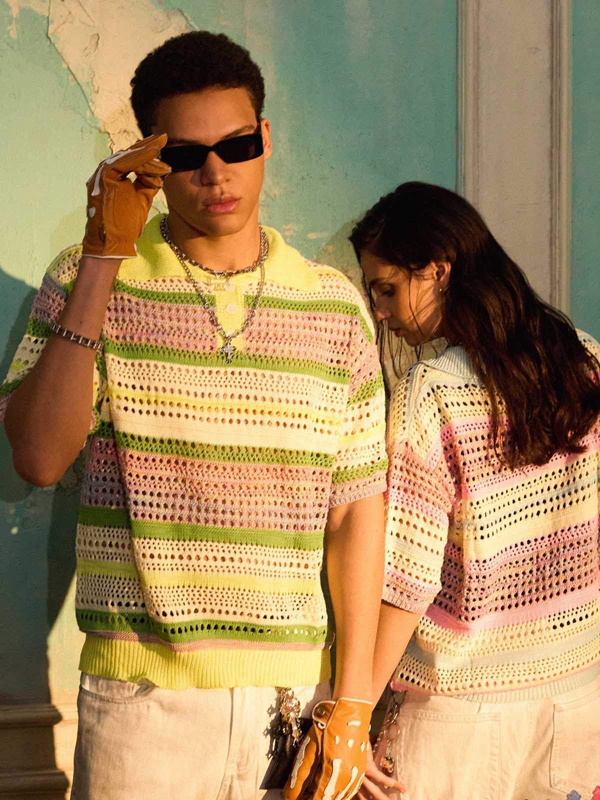 Pastel Striped Crochet Knit Short Sleeve Polo Shirt - Image 5