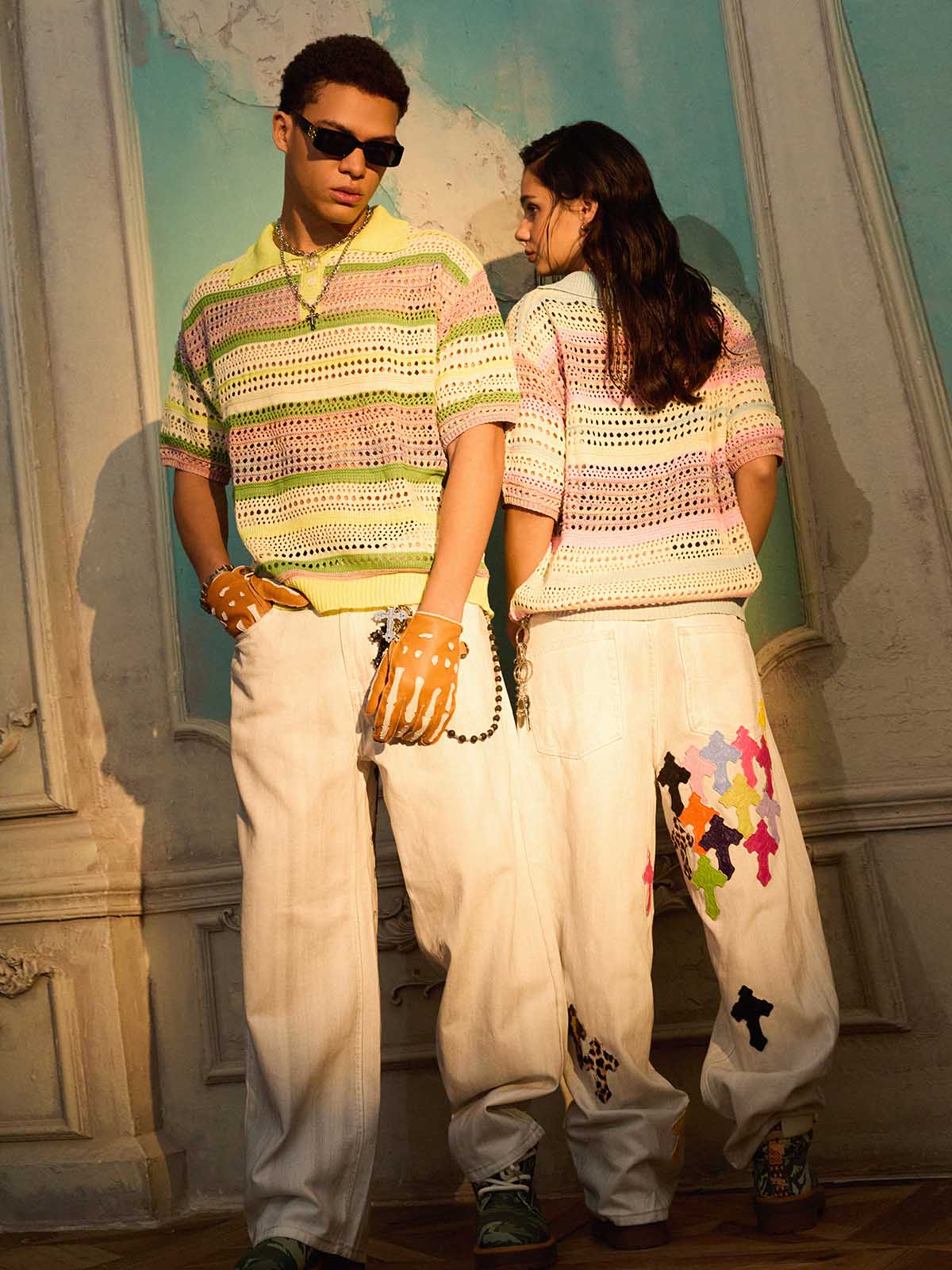 Pastel Striped Crochet Knit Short Sleeve Polo Shirt - Image 6