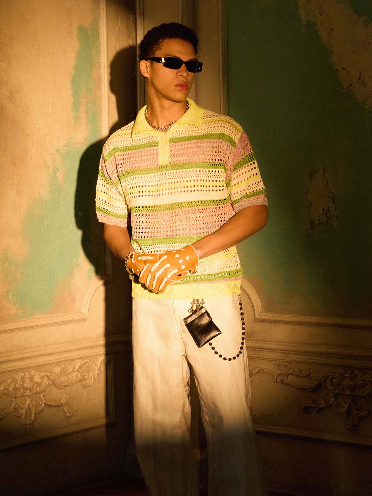 Pastel Striped Crochet Knit Short Sleeve Polo Shirt - Image 7