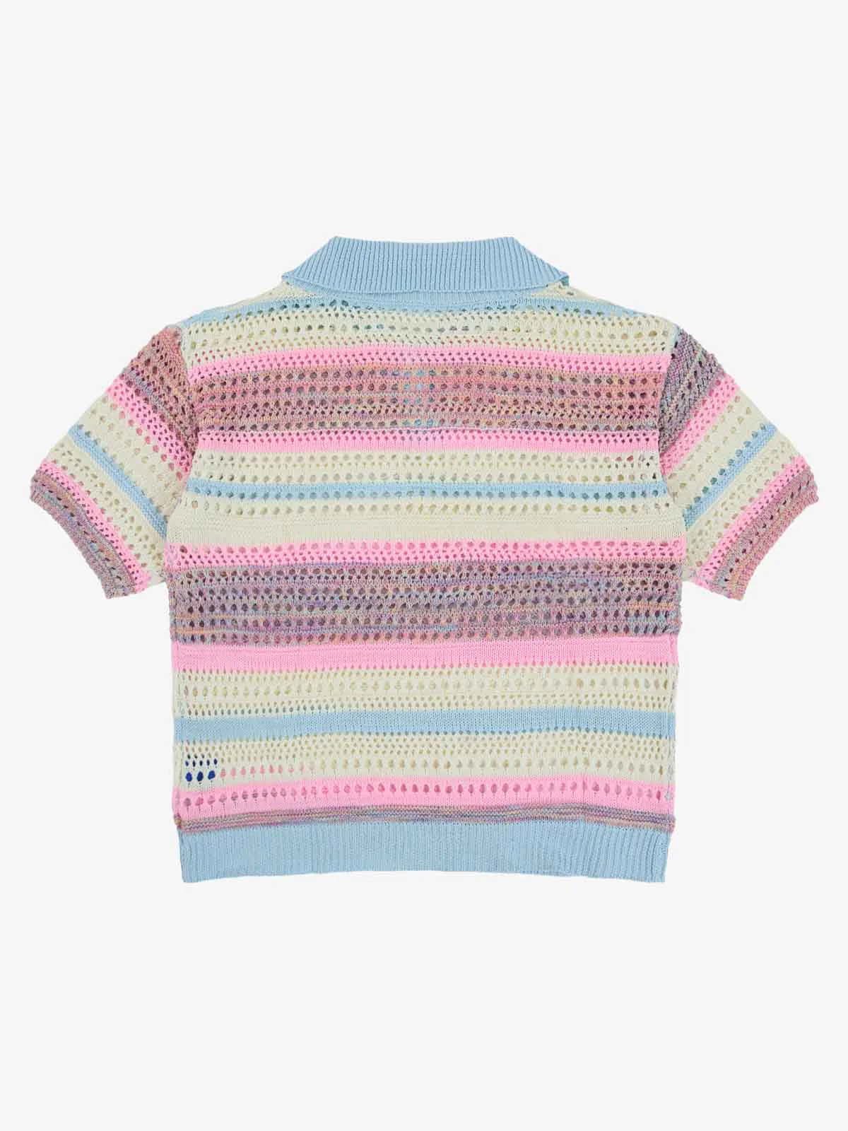 Pastel Striped Crochet Knit Short Sleeve Polo Shirt - Image 8