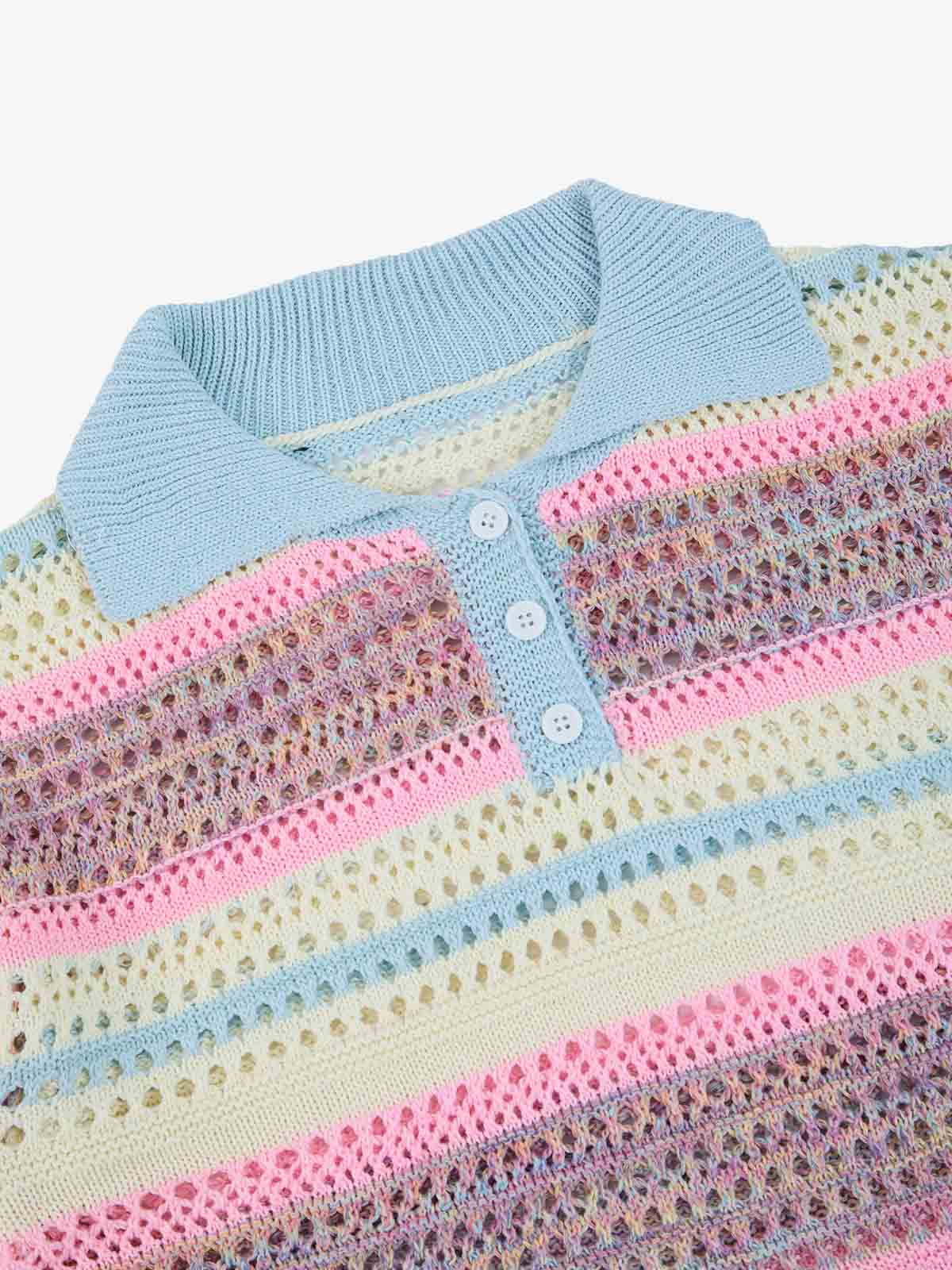 Pastel Striped Crochet Knit Short Sleeve Polo Shirt - Image 9