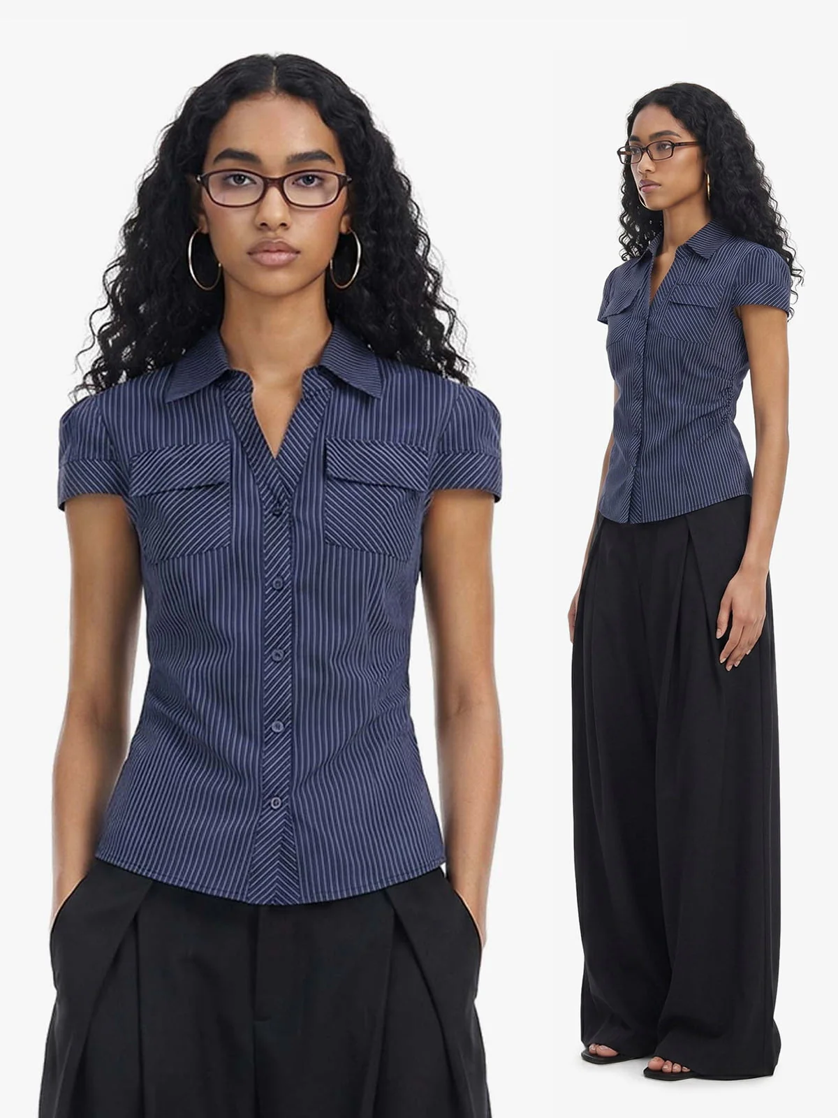 Pinstripe Slim Fit Ruched Waist Shirt