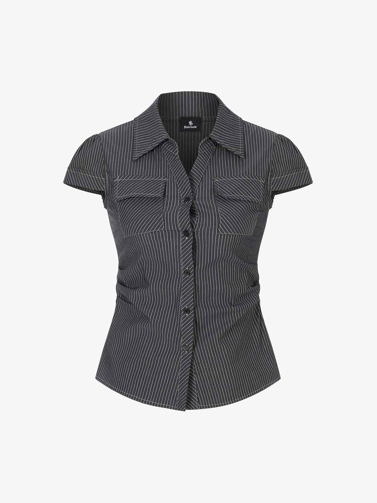 Pinstripe Slim Fit Ruched Waist Shirt - Image 2