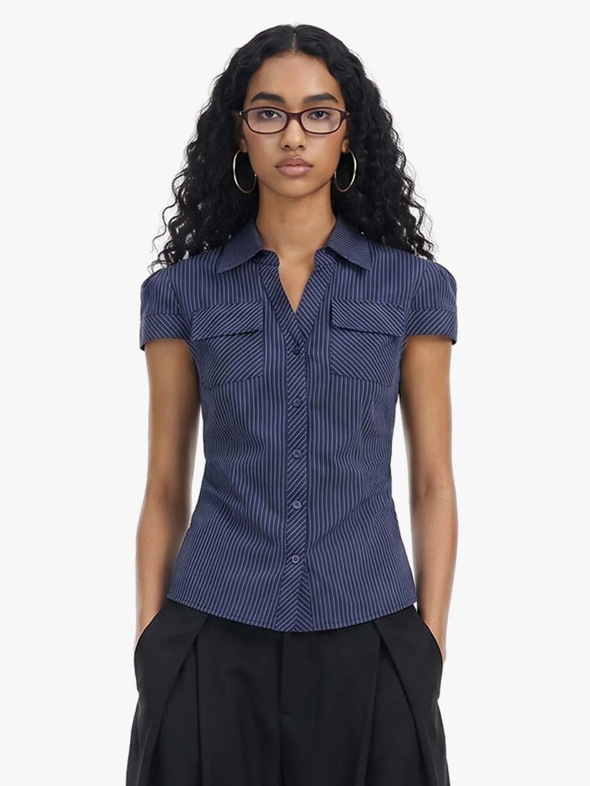 Pinstripe Slim Fit Ruched Waist Shirt - Image 3