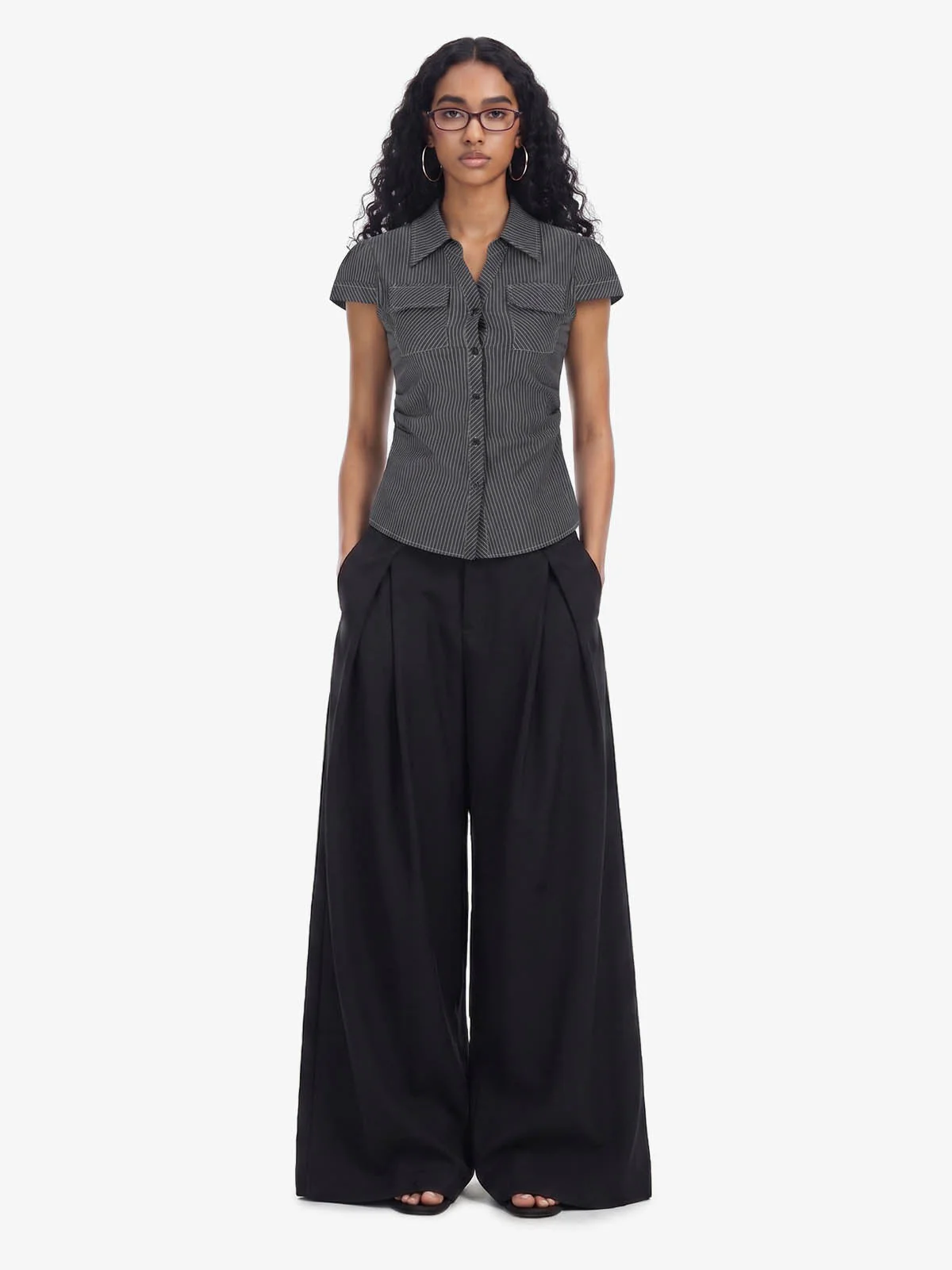 Pinstripe Slim Fit Ruched Waist Shirt - Image 5