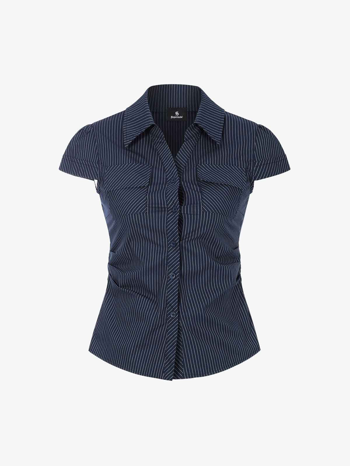 Pinstripe Slim Fit Ruched Waist Shirt - Image 7
