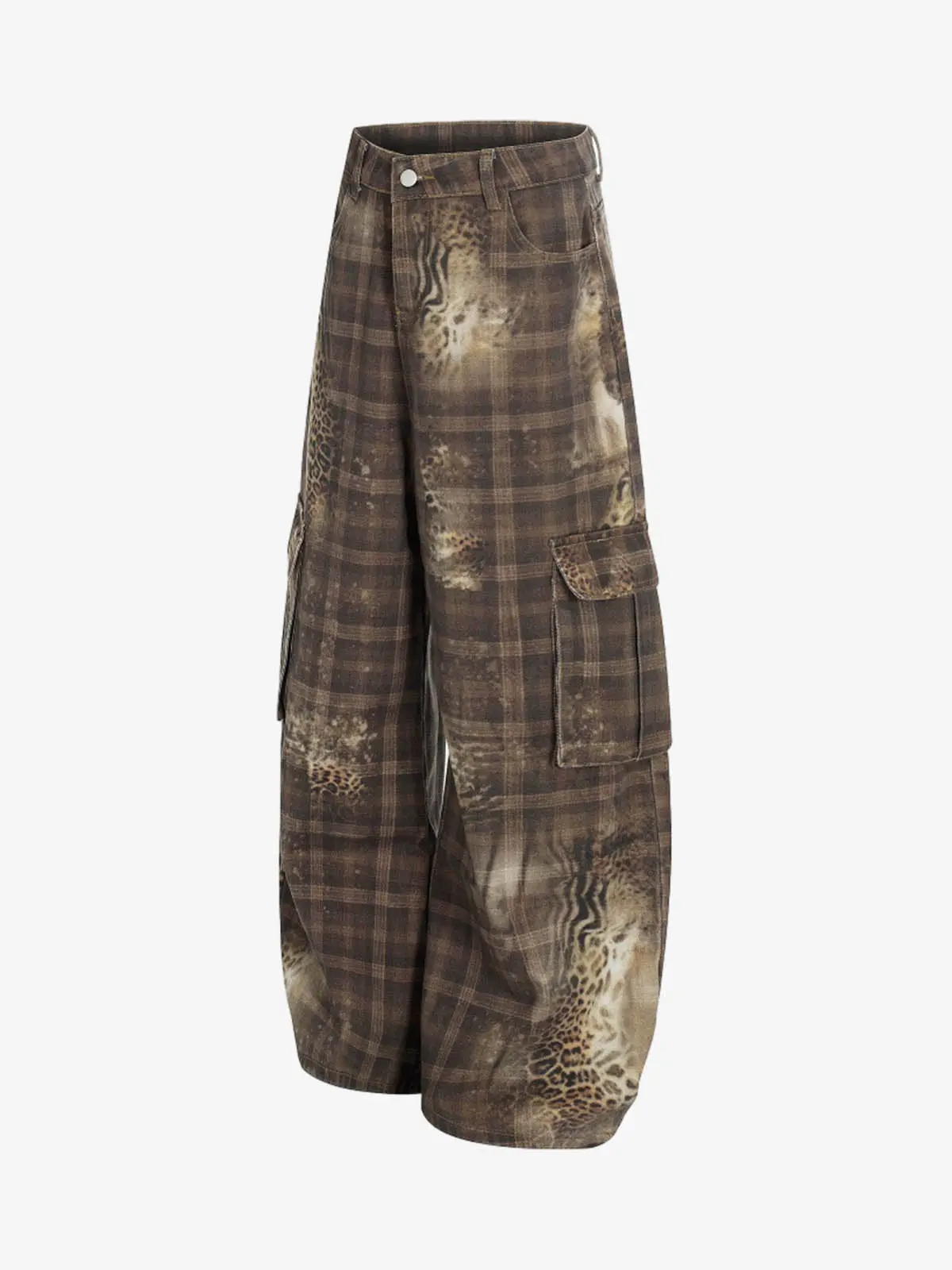 Plaid Leopard Print Cargo Barrel Jeans - Image 2