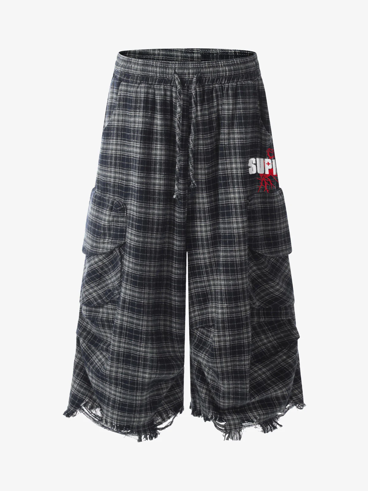 Plaid Linen-Blend Distressed Cargo Cropped Pants - Image 2