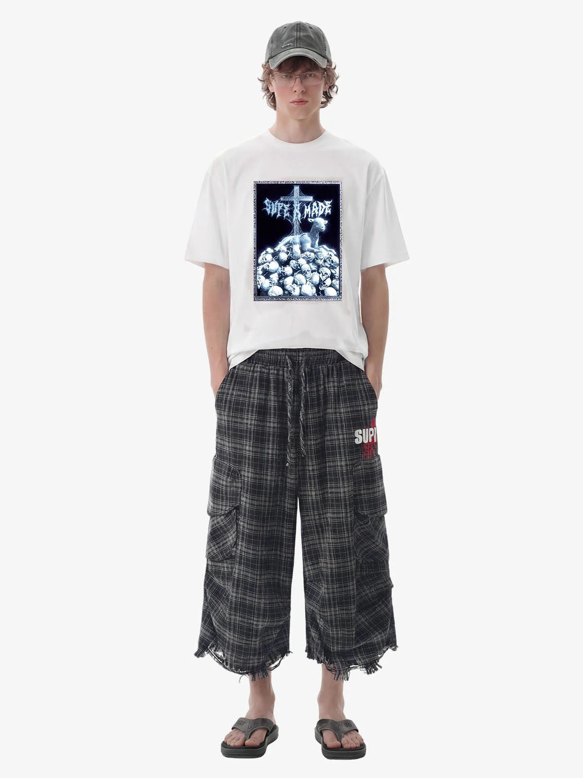 Plaid Linen-Blend Distressed Cargo Cropped Pants - Image 4