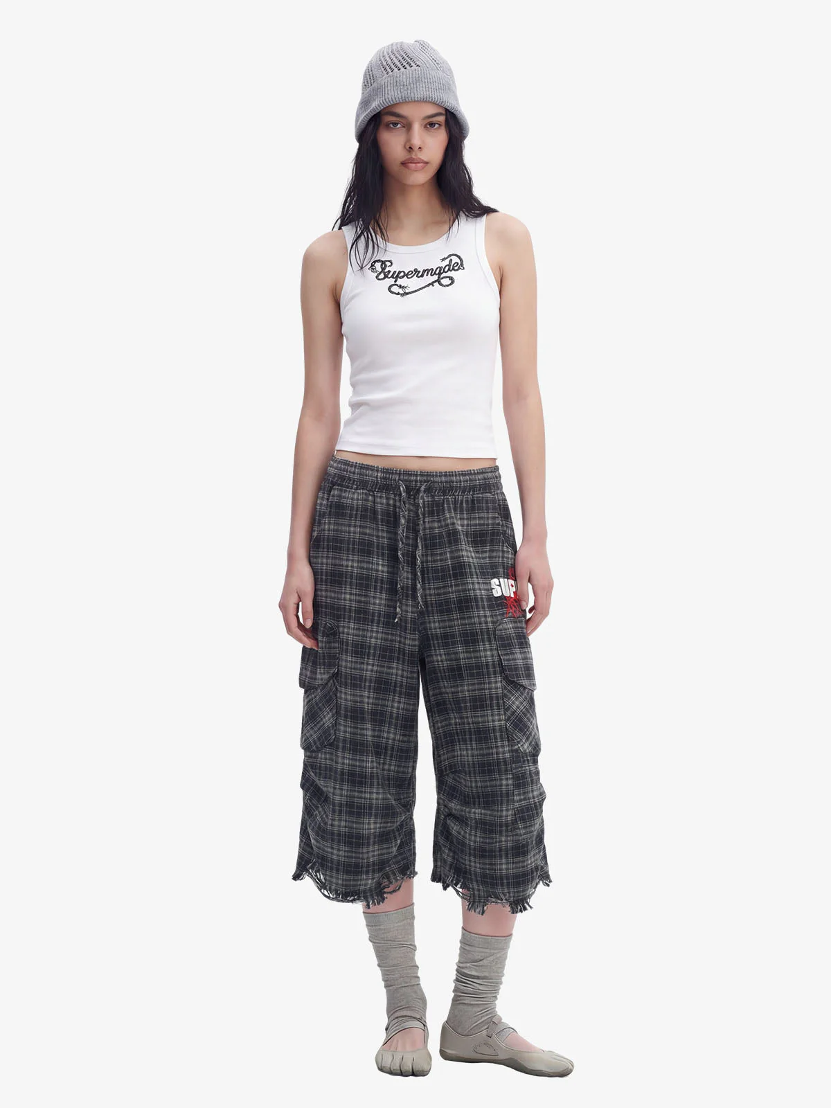 Plaid Linen-Blend Distressed Cargo Cropped Pants - Image 7