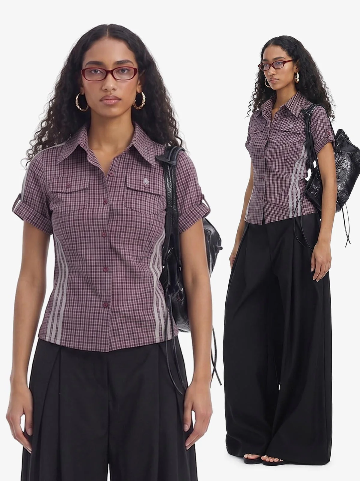 Plaid Side Stripe Slim Fit Short Sleeve Shirt