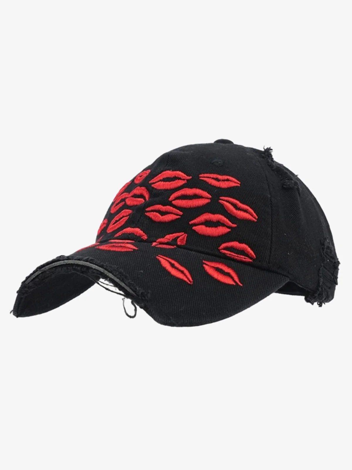 Red Lip Embroidery Distressed Baseball Cap - Image 2