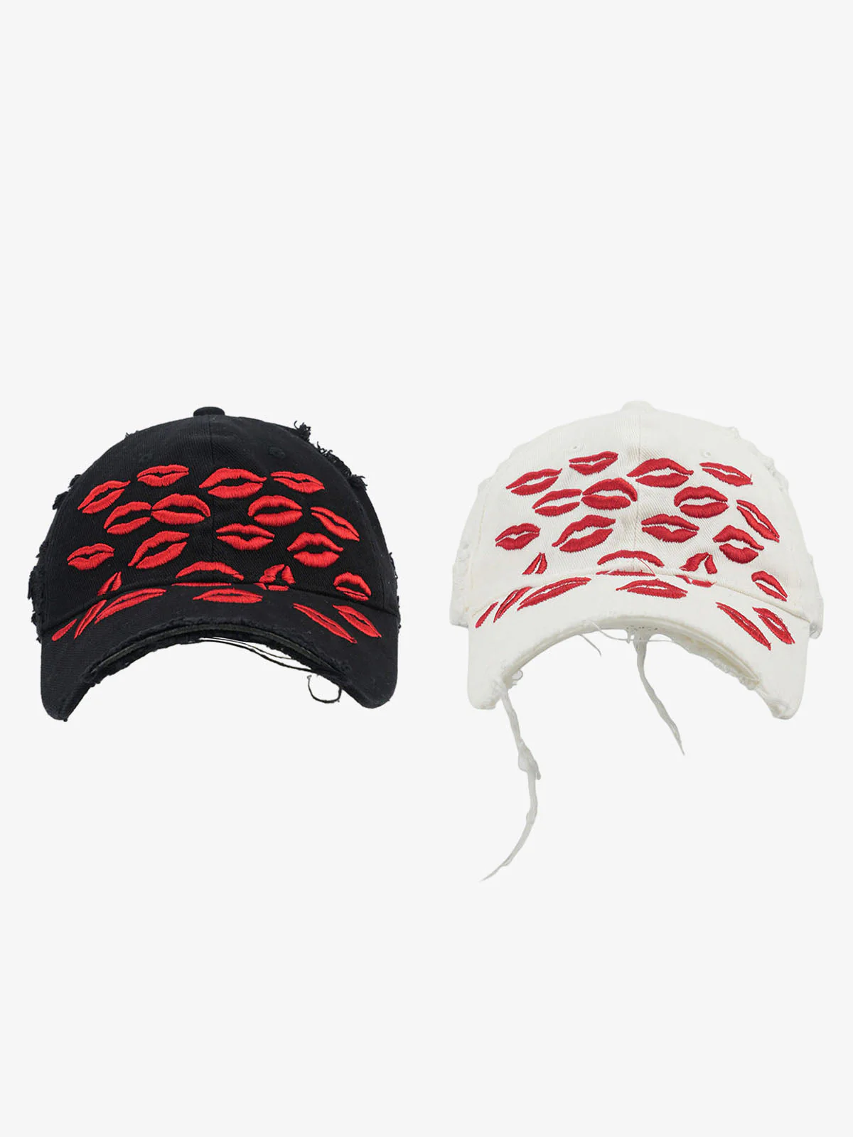 Red Lip Embroidery Distressed Baseball Cap - Image 6