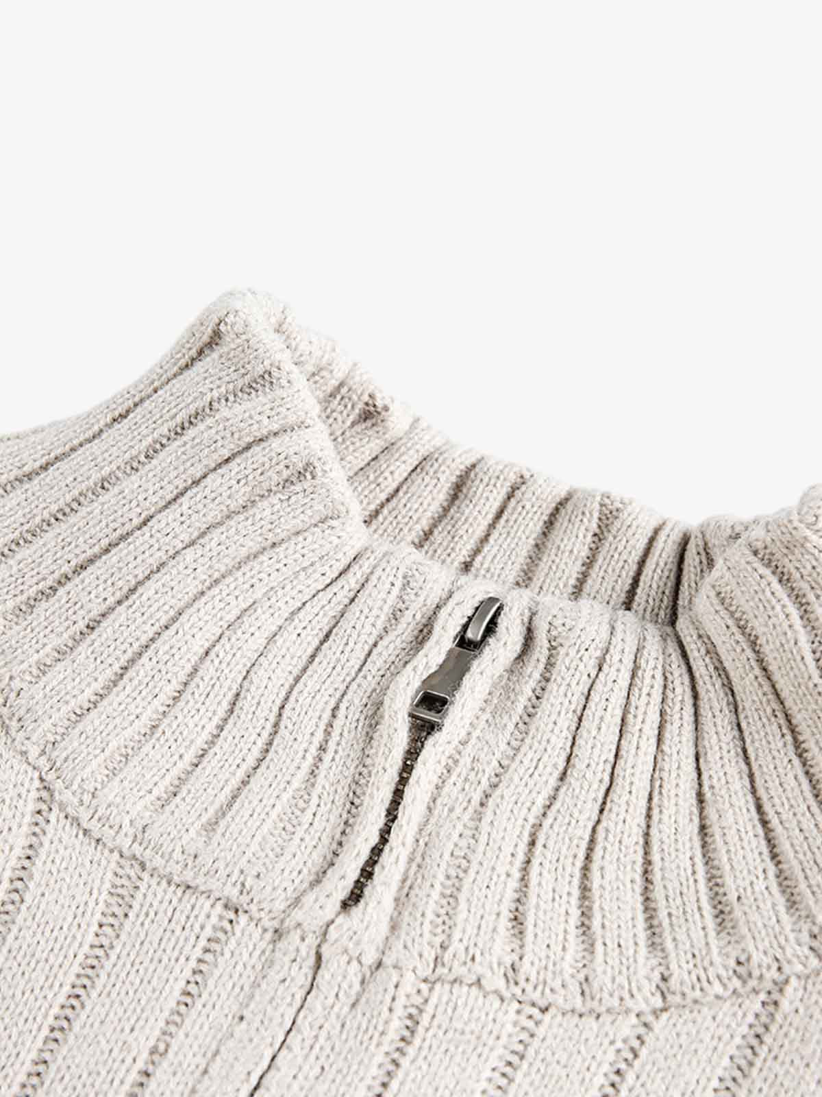 Retro Abstract Print Ribbed Stand Collar Zip-Up Sweater - Image 3