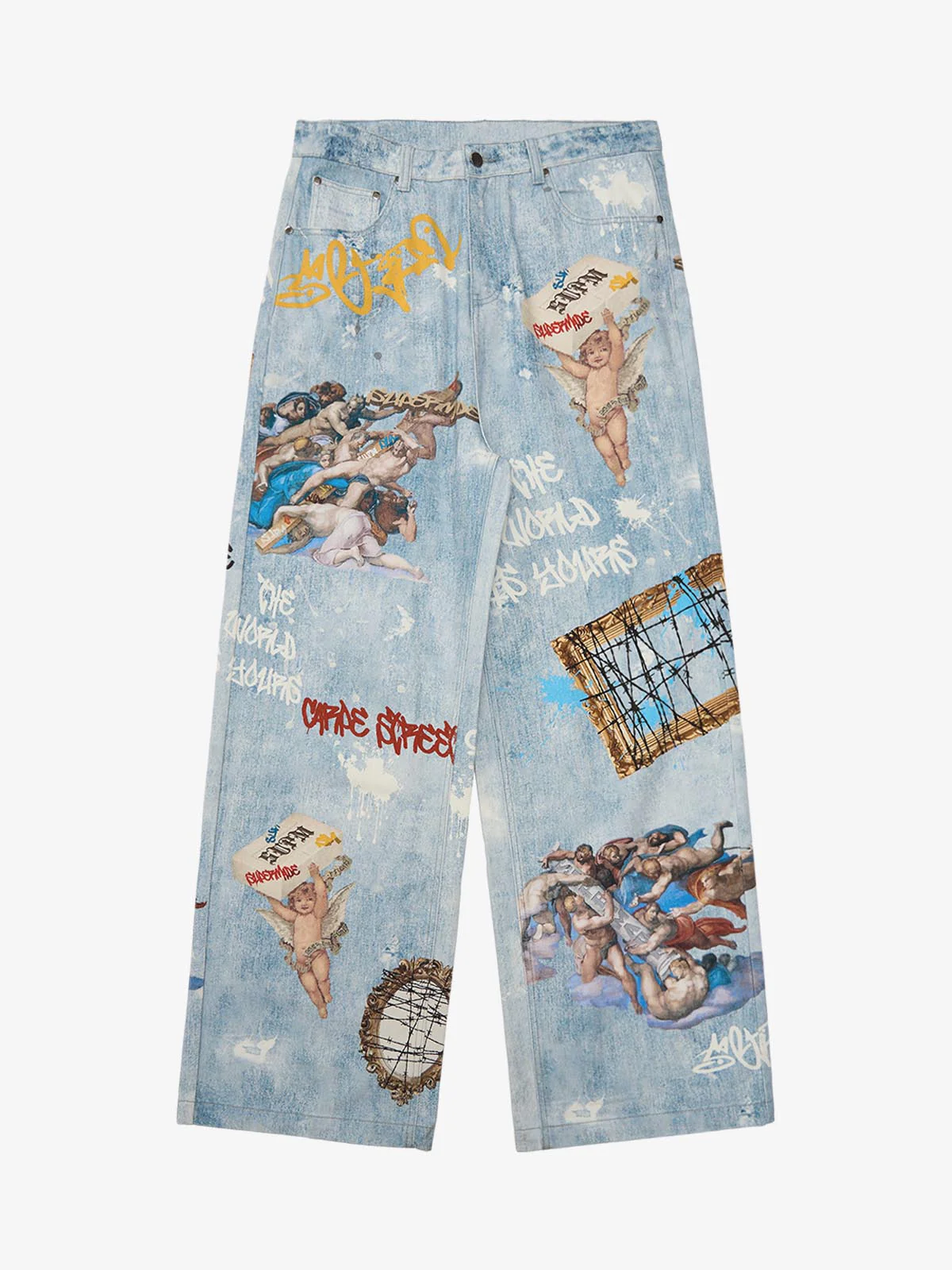 Retro Artistic Graffiti Angelic Prints Baggy Jeans - 2574