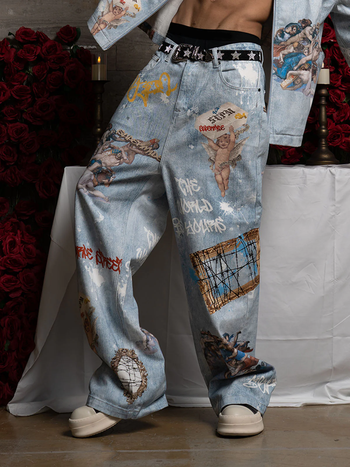 Retro Artistic Graffiti Angelic Prints Baggy Jeans - 2574 - Image 2