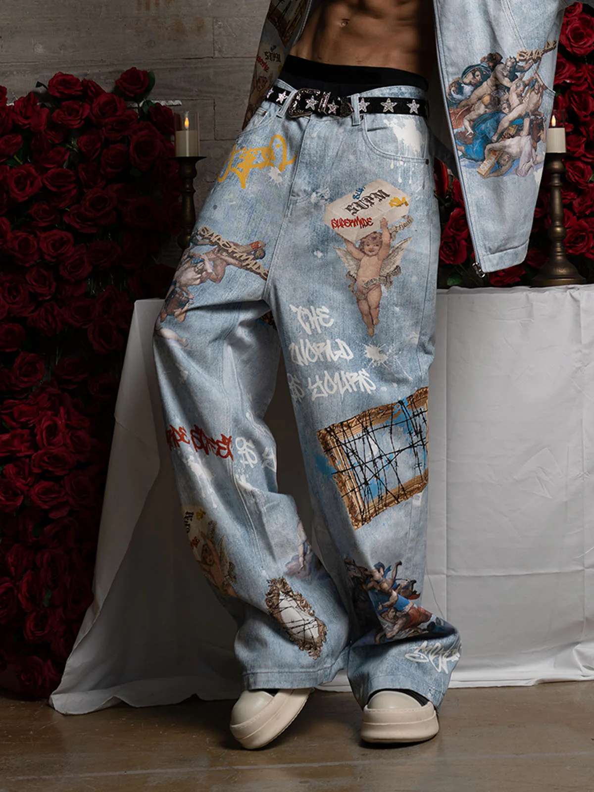 Retro Artistic Graffiti Angelic Prints Baggy Jeans - 2574 - Image 3