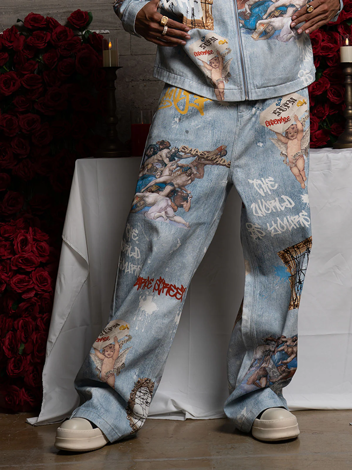 Retro Artistic Graffiti Angelic Prints Baggy Jeans - 2574 - Image 4