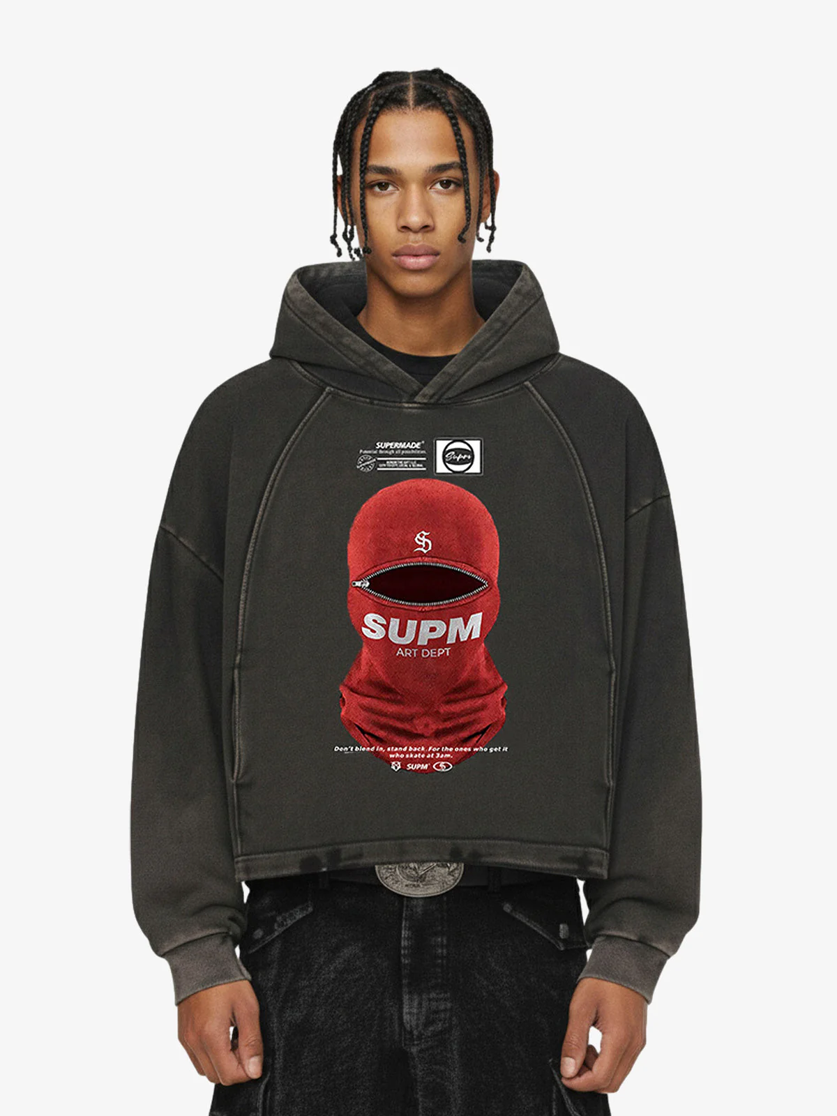 Retro Bandit Hat Graphic Distressed Cropped Hoodie - Image 2