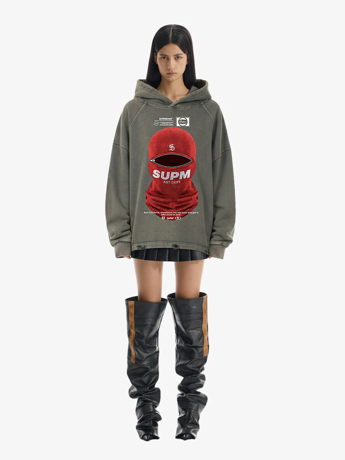 Retro Bandit Hat Graphic Distressed Cropped Hoodie - Image 6