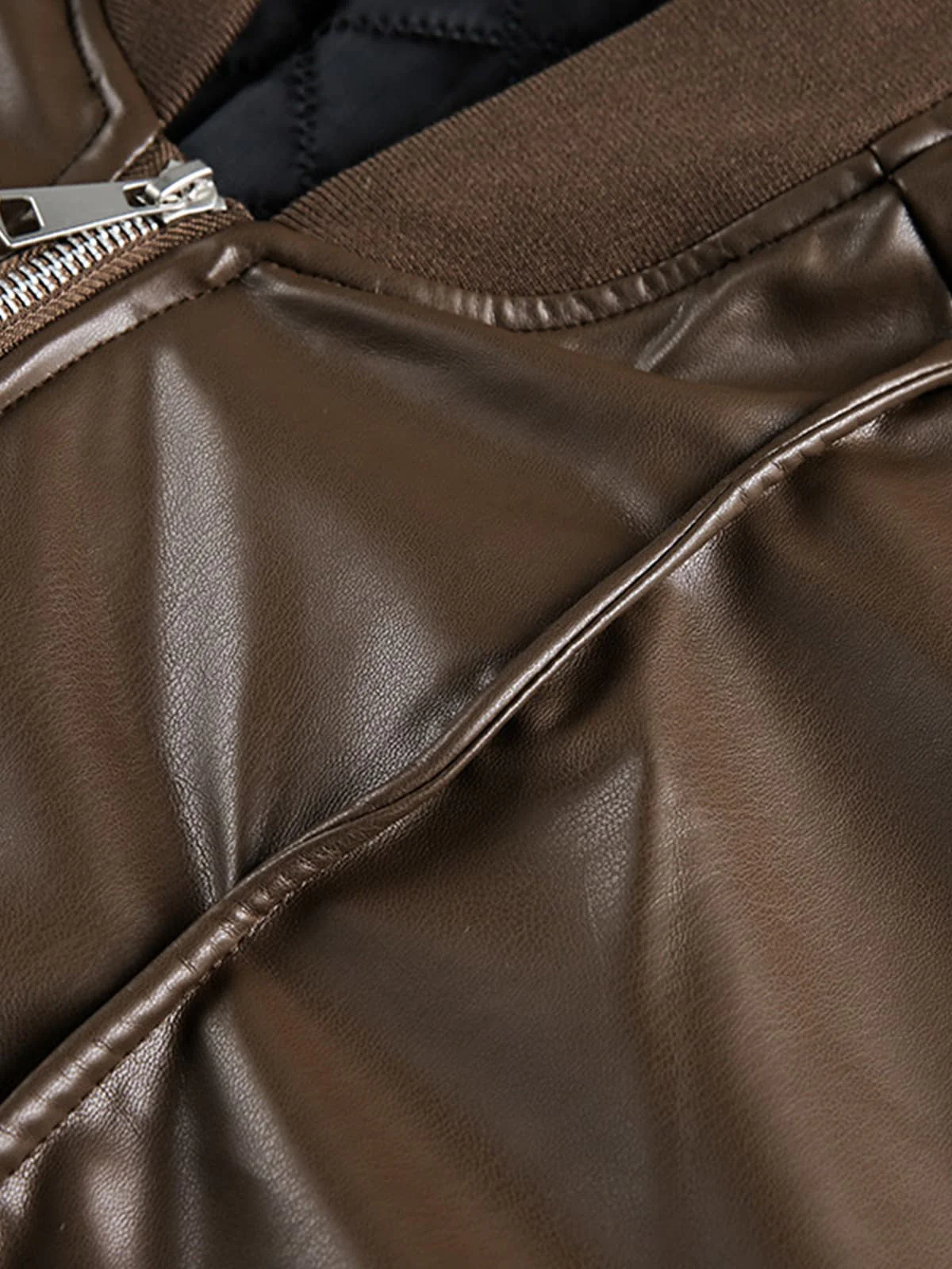 Retro Brown Faux Leather Zip-Up Bomber Jacket - Image 10