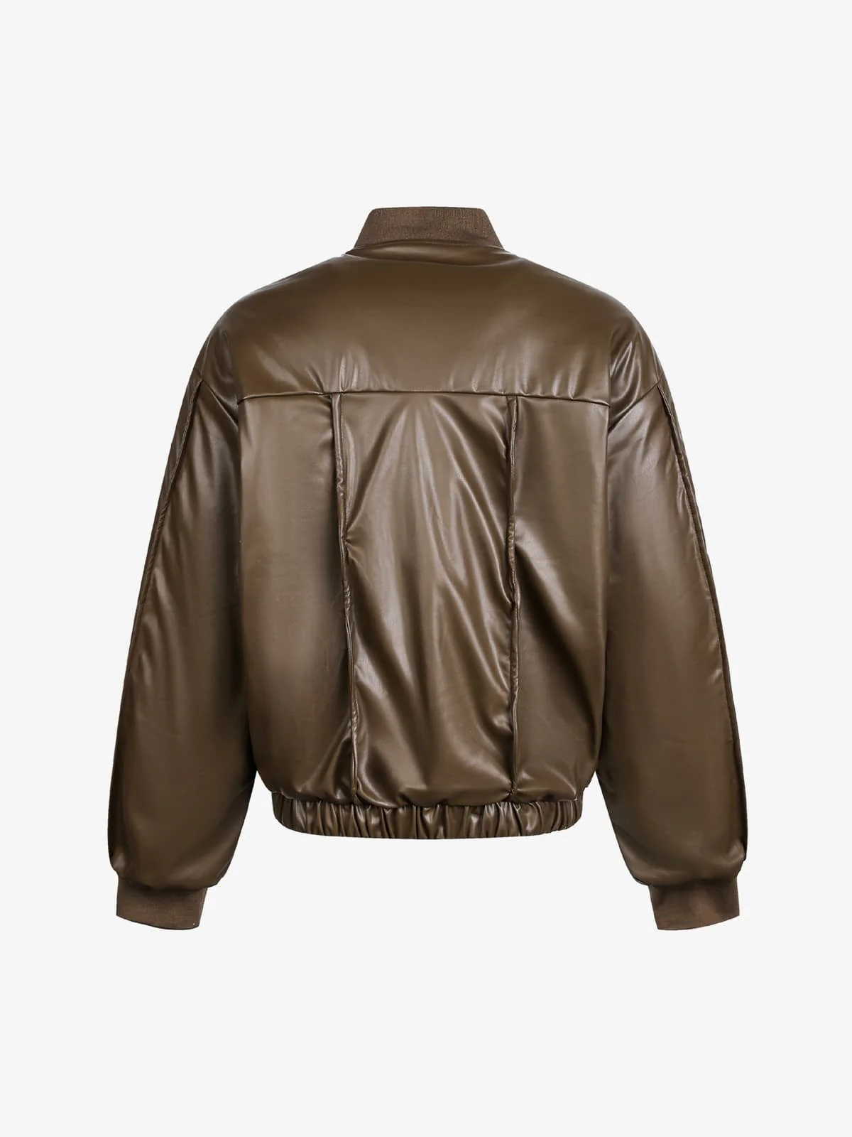 Retro Brown Faux Leather Zip-Up Bomber Jacket - Image 5