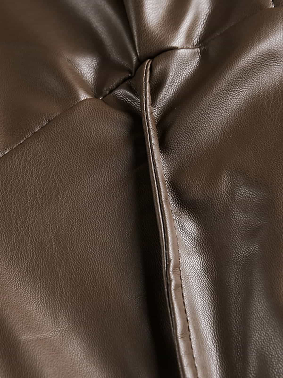 Retro Brown Faux Leather Zip-Up Bomber Jacket - Image 8