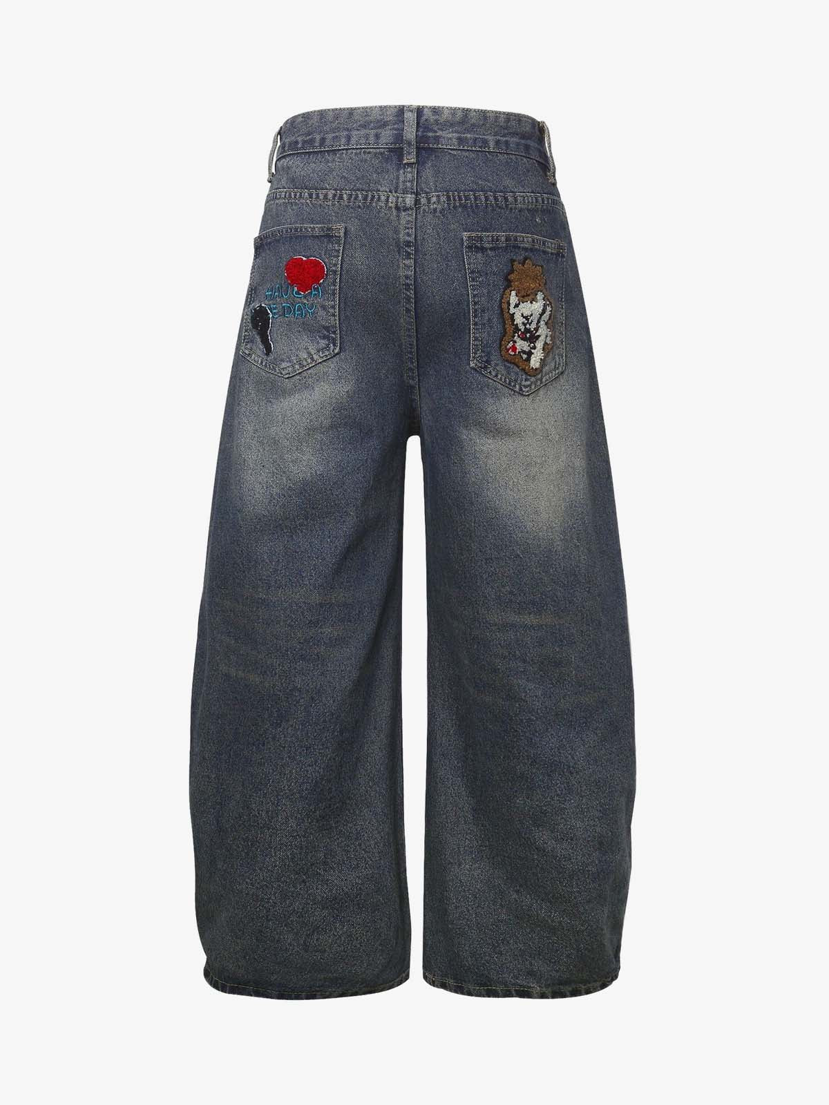 Retro Cartoon Graphic Heavy Embroidery Barrel Jeans - 2562 - Image 3