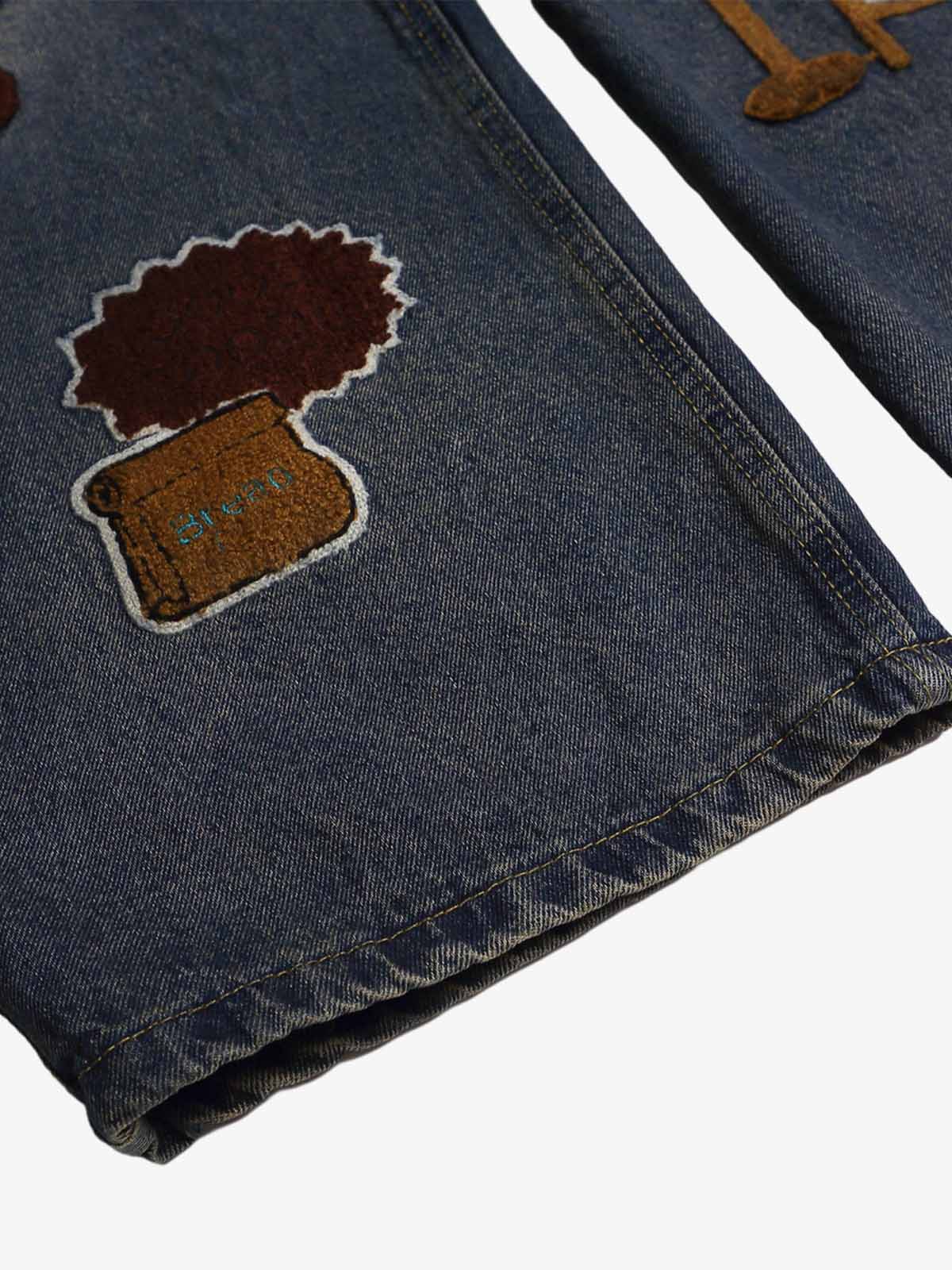 Retro Cartoon Graphic Heavy Embroidery Barrel Jeans - 2562 - Image 4