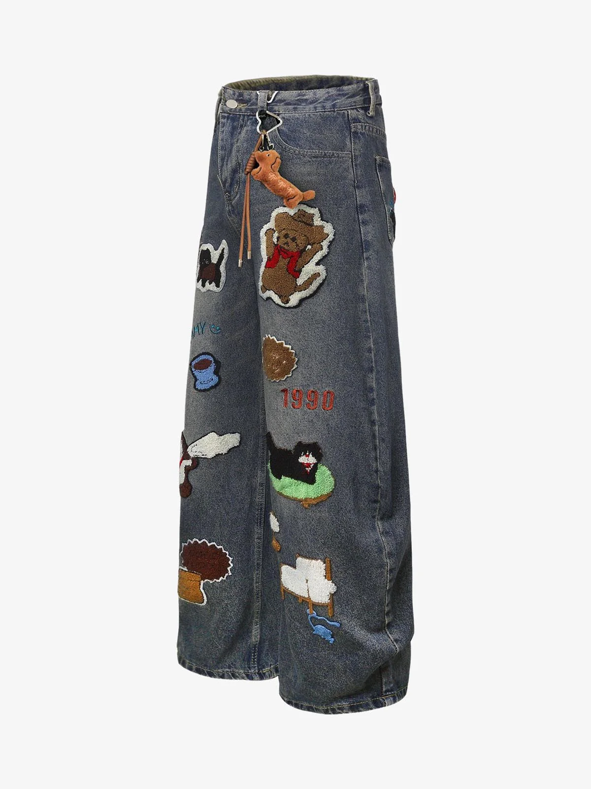 Retro Cartoon Graphic Heavy Embroidery Barrel Jeans - 2562 - Image 5