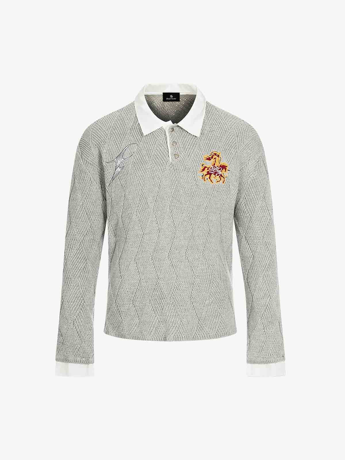 Retro Contrast Collar Embroidery Knit Sweater - Image 2