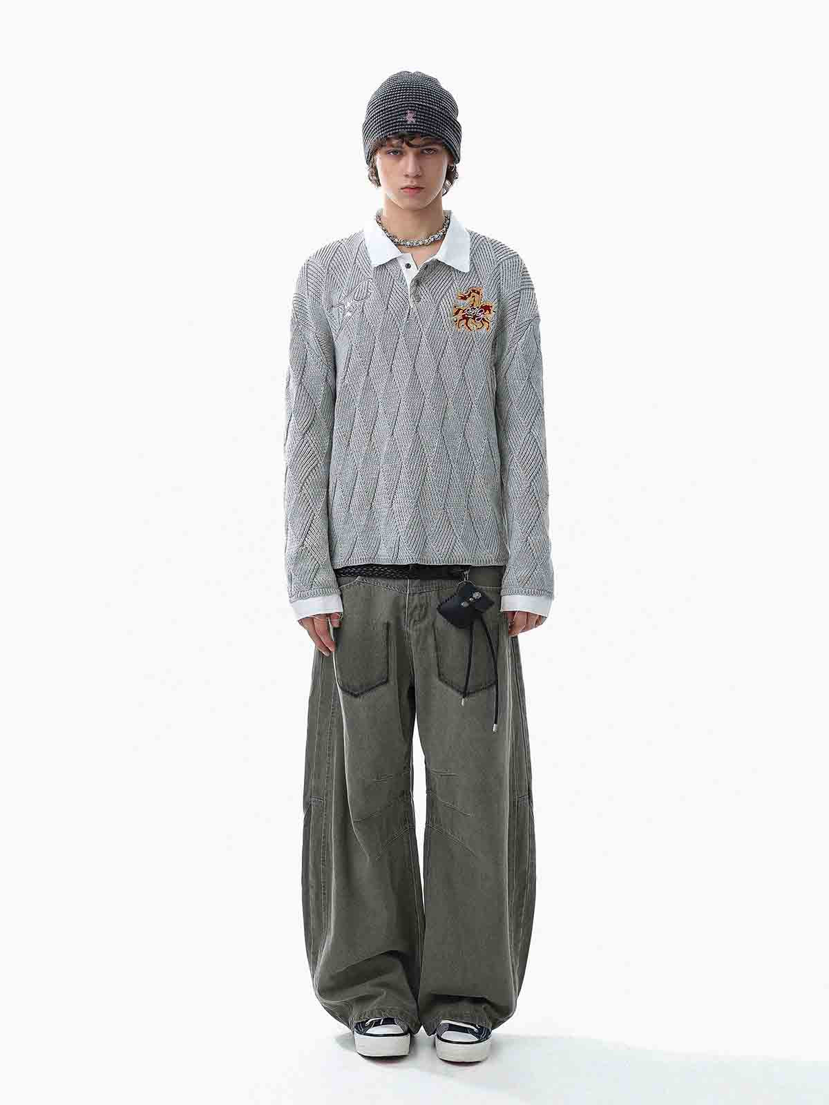 Retro Contrast Collar Embroidery Knit Sweater - Image 3