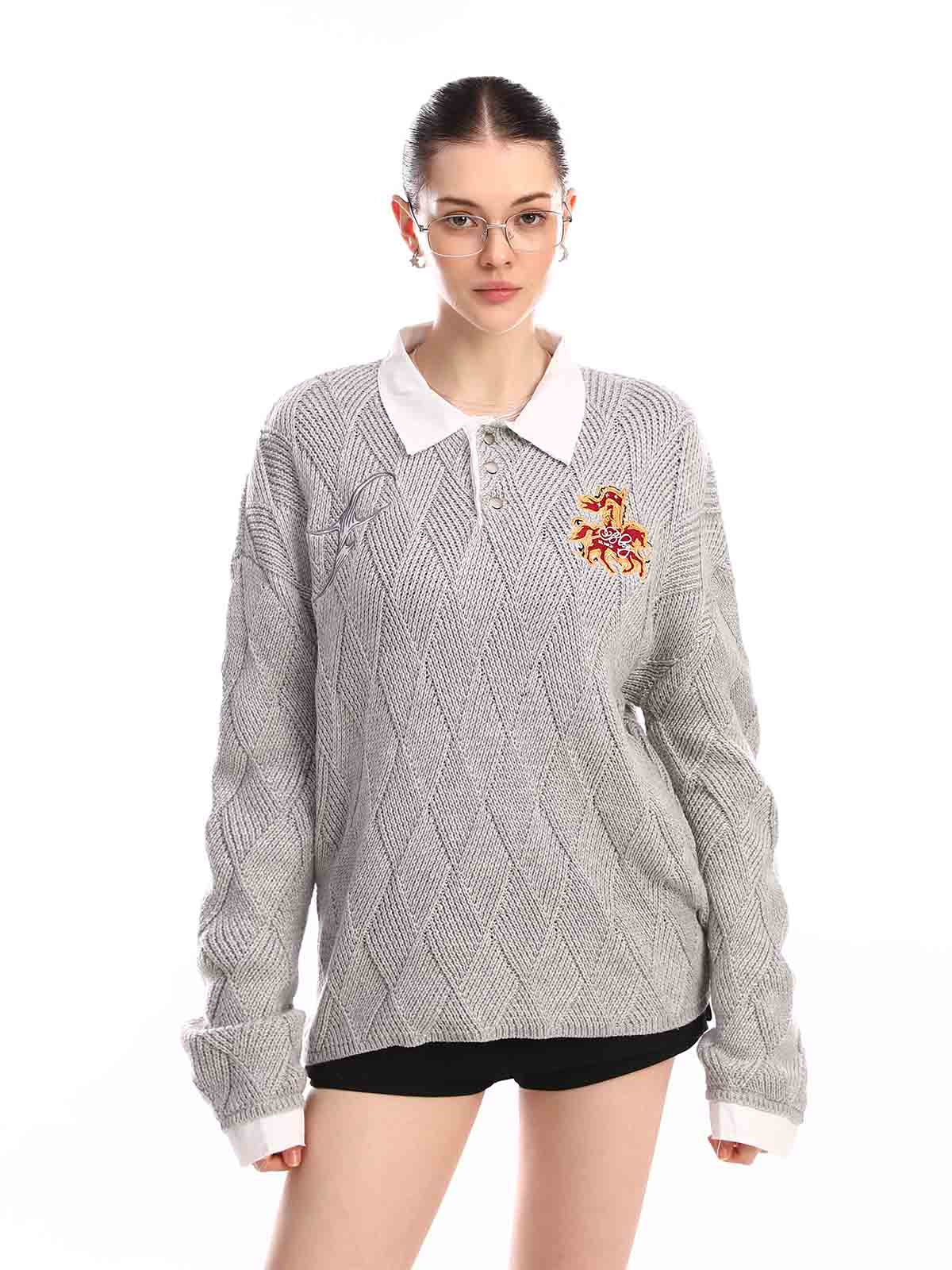 Retro Contrast Collar Embroidery Knit Sweater - Image 4