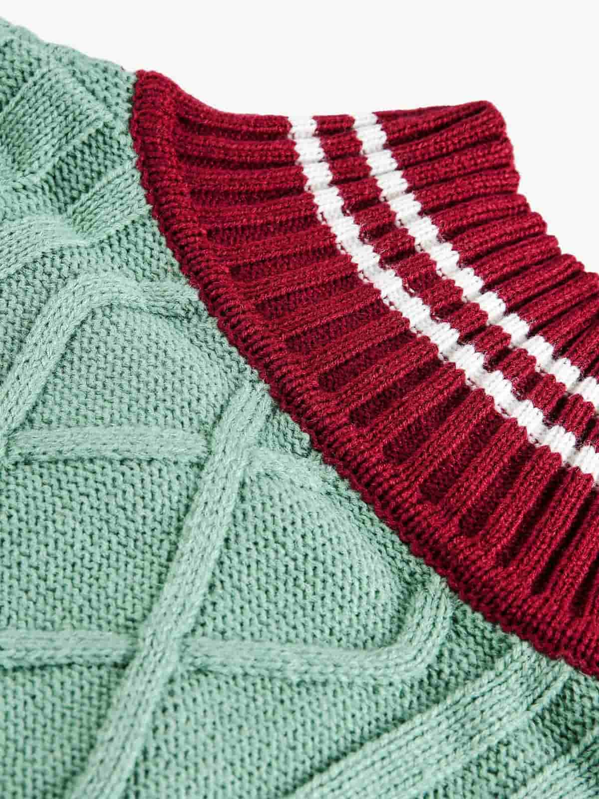 Retro Contrast Color High Neck Knitted Cardigan Sweater - Image 5