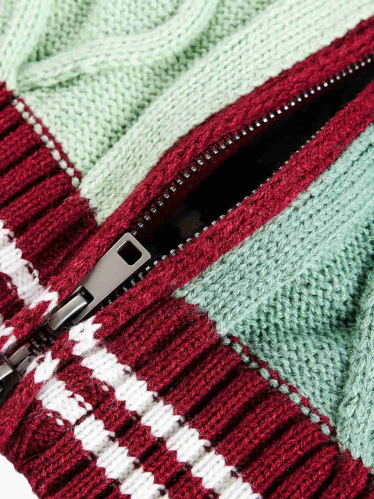 Retro Contrast Color High Neck Knitted Cardigan Sweater - Image 7