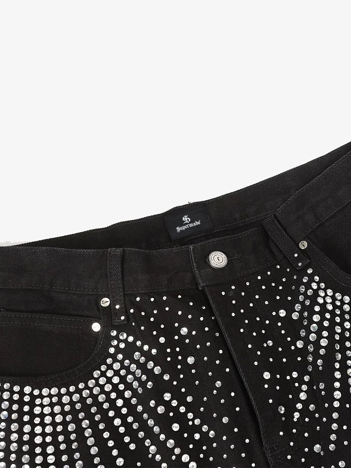 Retro Denim Full Rhinestone Design Baggy Jeans - 2545 - Image 8