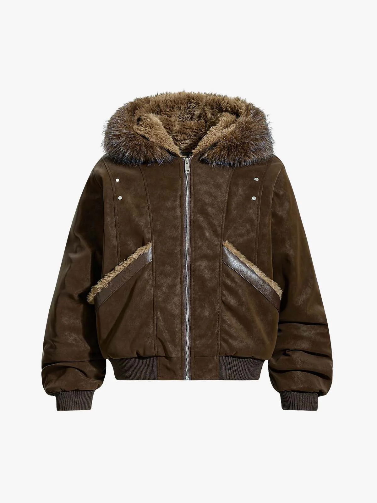 Retro Detachable Faux Fur Collar Suede Fleece Hoodie Jacket - Image 2